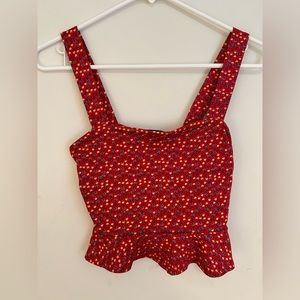 Red Floral Thick Strap Tank Top with Ruffle Hem